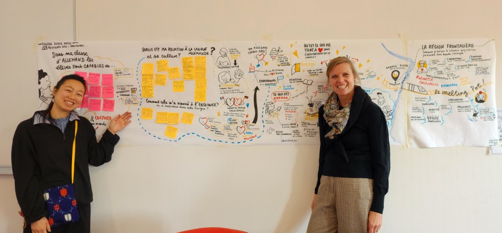 Photo qui illustre la fresque crée par Christel Han. Sur la photo il y a Julia Putsche (chercheuse) et Christel Han (facilitatrice graphique)